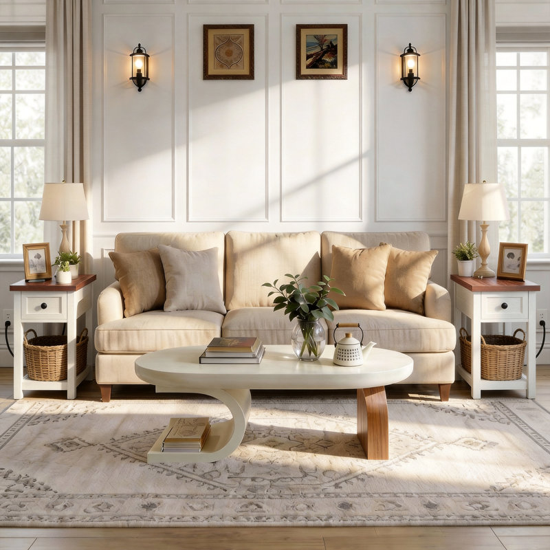 Table d'appoint étroite avec tiroir et tablettes, Blanc/noyer, 2