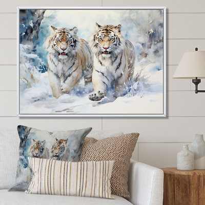 White Tigers Playing In The Snow I - Tiger Animal Wall Art