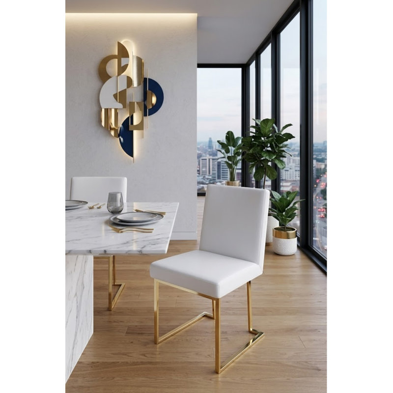 Pangea Home Dexter Modern Upholstered Faux/Vegan Leather Dining Side Chair (Set of 2) – Upholstered Dining Chairs with Steel Legs, Contemporary Kitchen & Dining Room Seating - White with Gold Legs