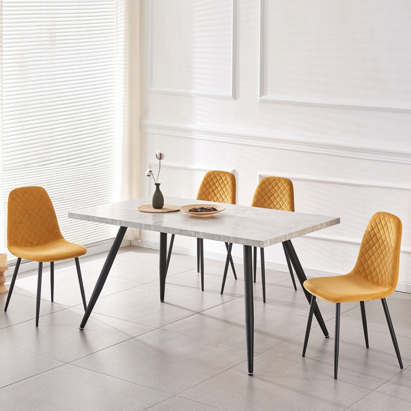 4 - Person Dining Set 120Cm Marble Pattern Table with Armless Chairs, Yellow Velvet