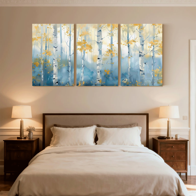 Paysage et nature, bouleaux d'automne, feuilles d'automne, ciel bleu, ensemble de 3 impressions sur toile, H 18 po x l 36 po