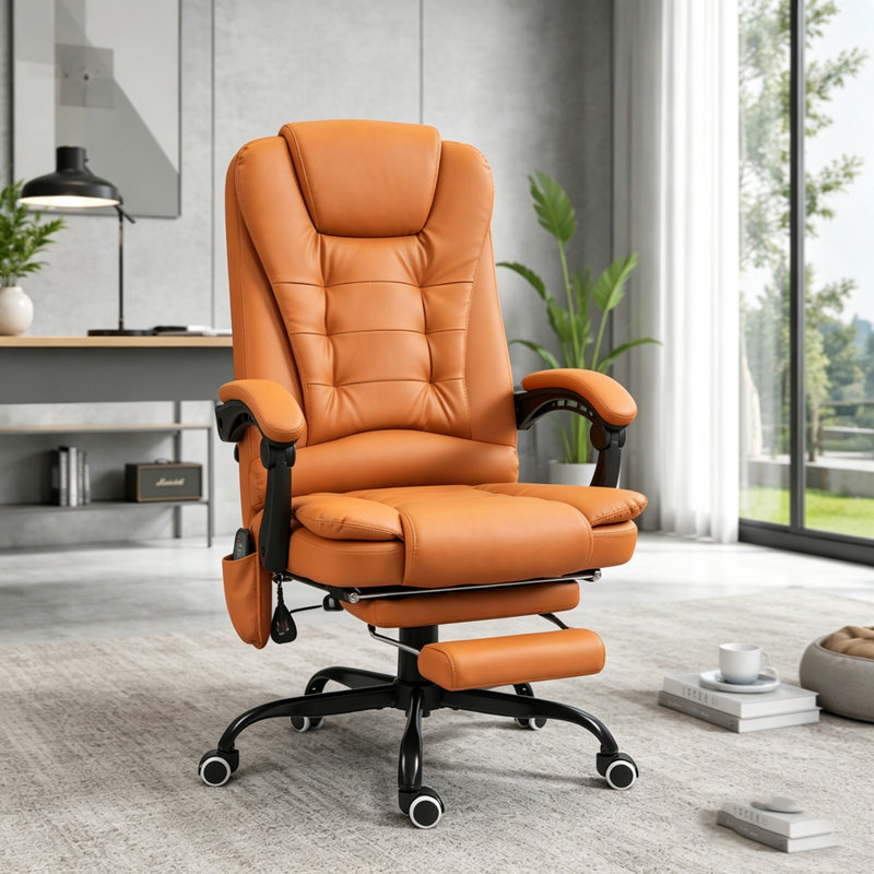 Fauteuil de massage inclinable de massage avec support lombaire et repose-pieds, Simili cuir, Marron clair, Marron clair