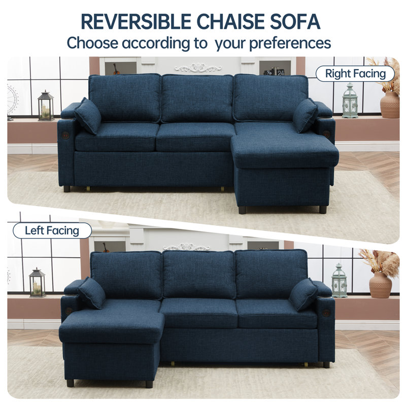3 Seater Sofa & Chaise, Blue Linen Blend
