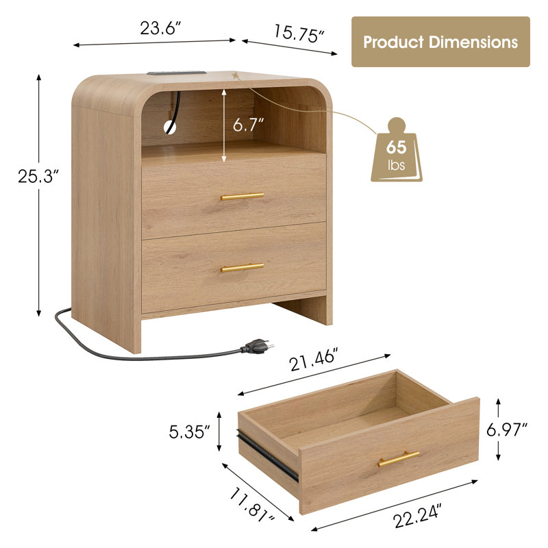 Oak Night Stand With 2 Drawers, Modern Bedside Table With Charging Station, 23.6'' Wide Wood End Table For Bedroom, Curved Profile Design (1PC)