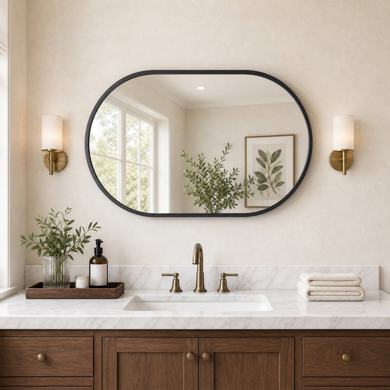 Miroir mural ovale pour salle de bain, en verre trempé avec cadre en aluminium, fixation verticale ou horizontale., 20*30