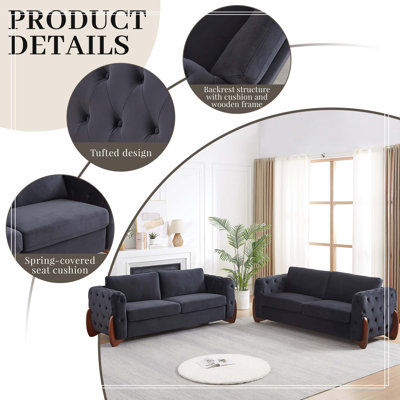 84-inch Classic Velvet Sofa With Button-tufted Detailing Features Curved Wooden Legs, Stylish Curved Armrests, Two Back Cushions, and Two Seat Cushions for the living room.2pcs