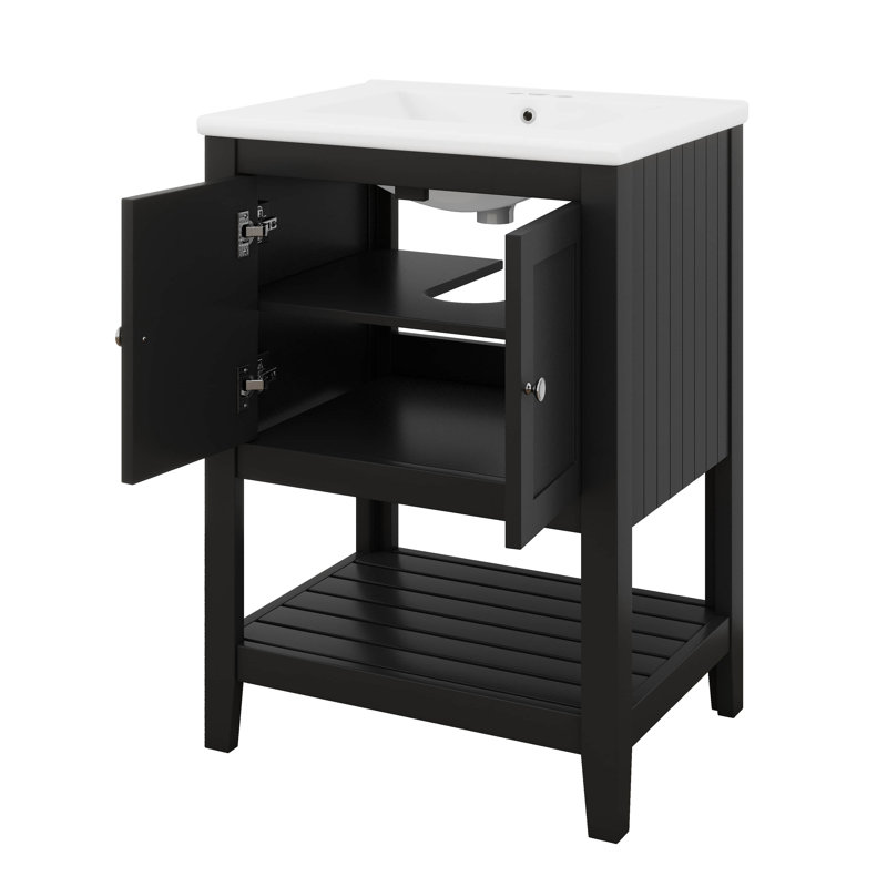 Meuble-lavabo 24 po avec lavabo, meuble-lavabo simple avec portes et tablette ouverte, petit meuble-lavabo avec lavabo, Noir