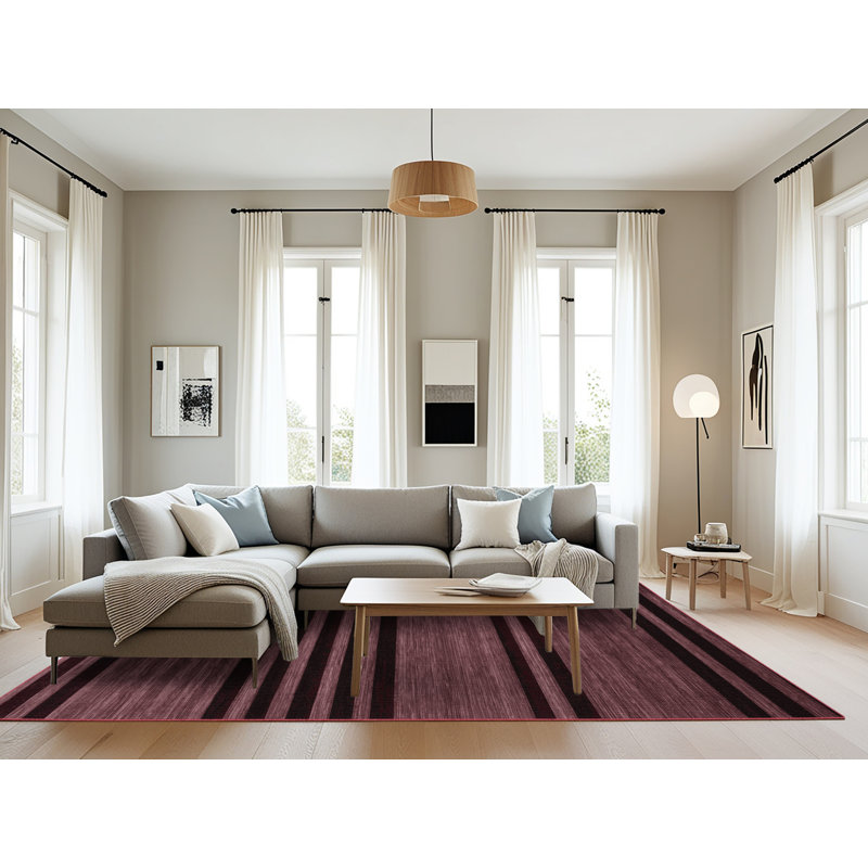 Tapis brun à rayures horizontales lavable à la machine, Rectangulaire 8 pi x 10 pi