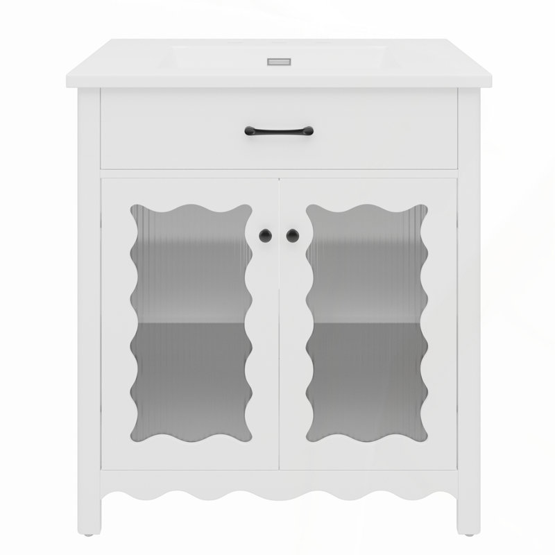 Meuble-lavabo de 31 po en verre trempé avec lavabo en céramique blanche, rangement spacieux et entretien facile, Blanc, Noir