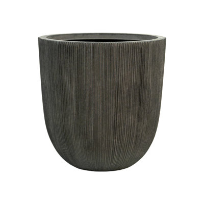 Pot à fleurs 14,8 po rétro noir côtelé, pot en plastique en forme d'œuf effilé d'aspect ciment avec drainage, grand pot de fleurs intérieur et extérieur moderne pour jardin de patio, ouverture de 12,5 po