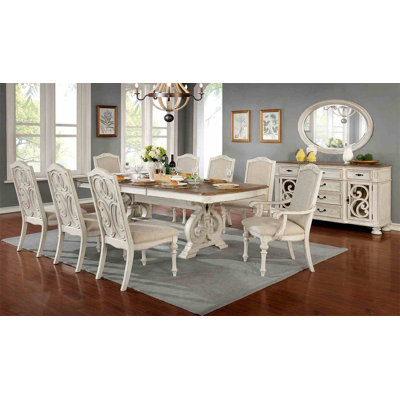 Antique White Dining Room 9Pc Set Table W Leaf And 6X Side Chairs 2X Arm Chairs Ivory Fabric Upholstered Seat