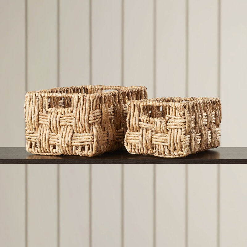 2 Piece Brown Jute Handmade Storage Basket with Handles Set, 16", 13"W