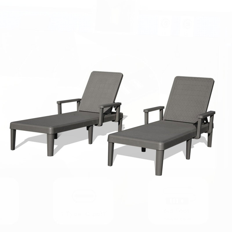 Pool Lounge Chairs Set of 2, Adjustable Backrest and Armrest, Resin Waterproof Chaise for Poolside and Patio, Gray