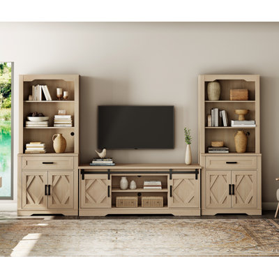 Laziza Farmhouse Entertainment Center With Bookshelf For Tvs Up To 75",Mid Century Modern TV Stand With 73"H Tall 5-Tier Bookcase With Open Storage And Barn Doors For Living Room,Bedroom,