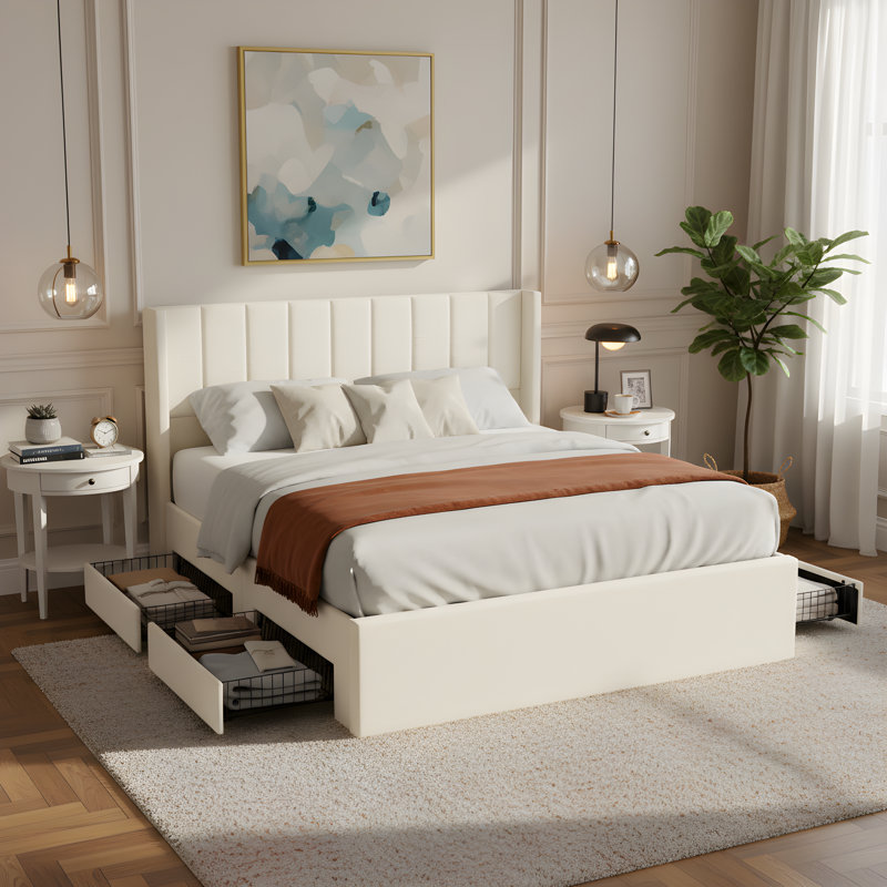 Lit plateforme tapissier avec rangement Calvera, Grand lit