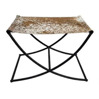 Cowhide Sling Seat Accent Stool With Iron Base Polka Dot