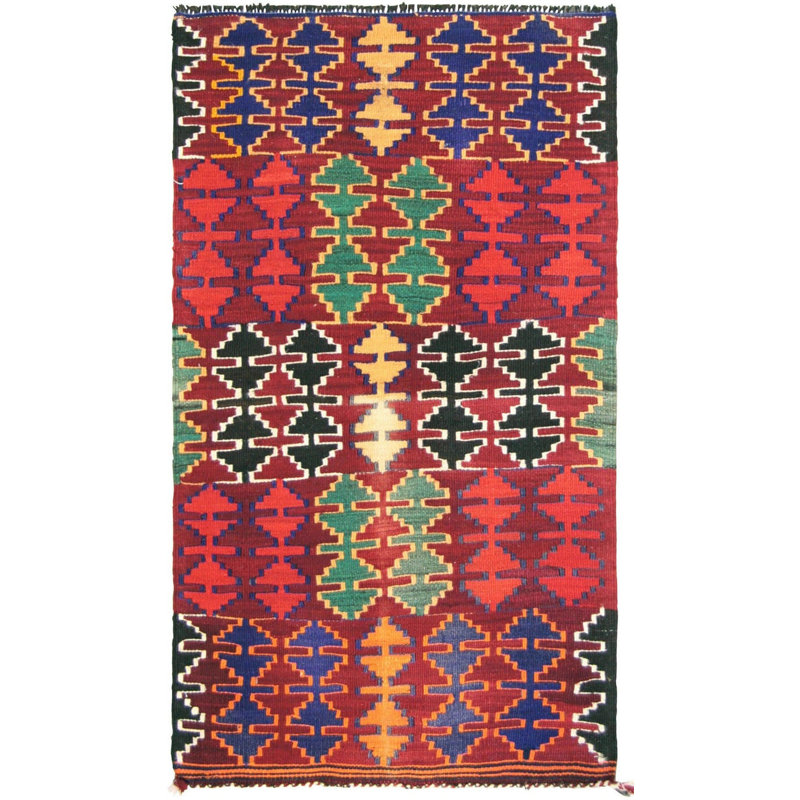 Tapis unique en laine noué à la main des années 1960 de 2 pi 4 po x 3 pi 11 po en rouge / bleu / vert / jaune
