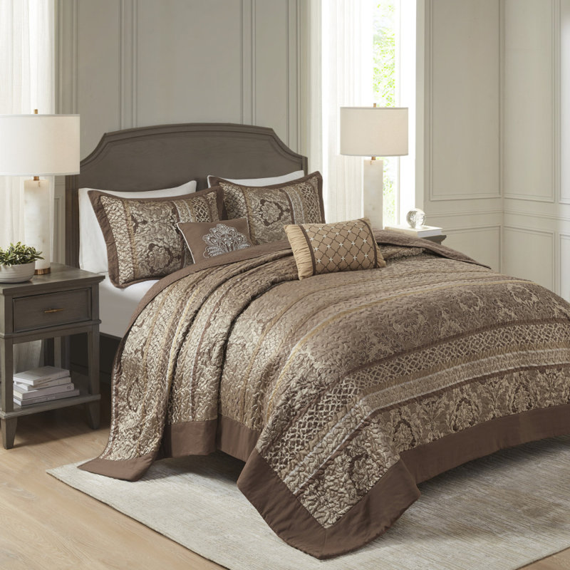 Ensemble de couvre-lit réversible 5 pièces en jacquard brun / doré, Couvre-lit pour très grand lit et 4 pièces suppl