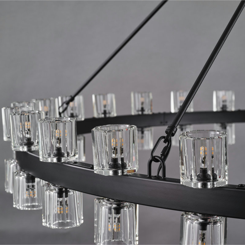 Modern 60-Light Wagon Wheel Chandelier with Crystal Shade, Noir mat
