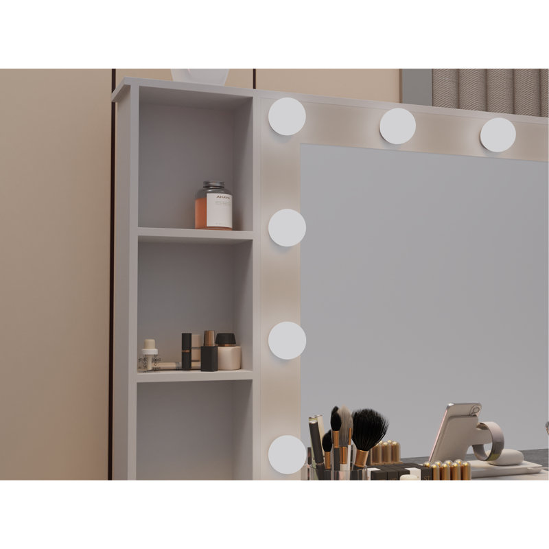 Bureau de coiffeuse avec miroir et lumières, coiffeuse de maquillage avec plateau en verre et tiroirs et tabouret rembourré, coiffeuse avec tiroirs, coiffeuse pour chambre