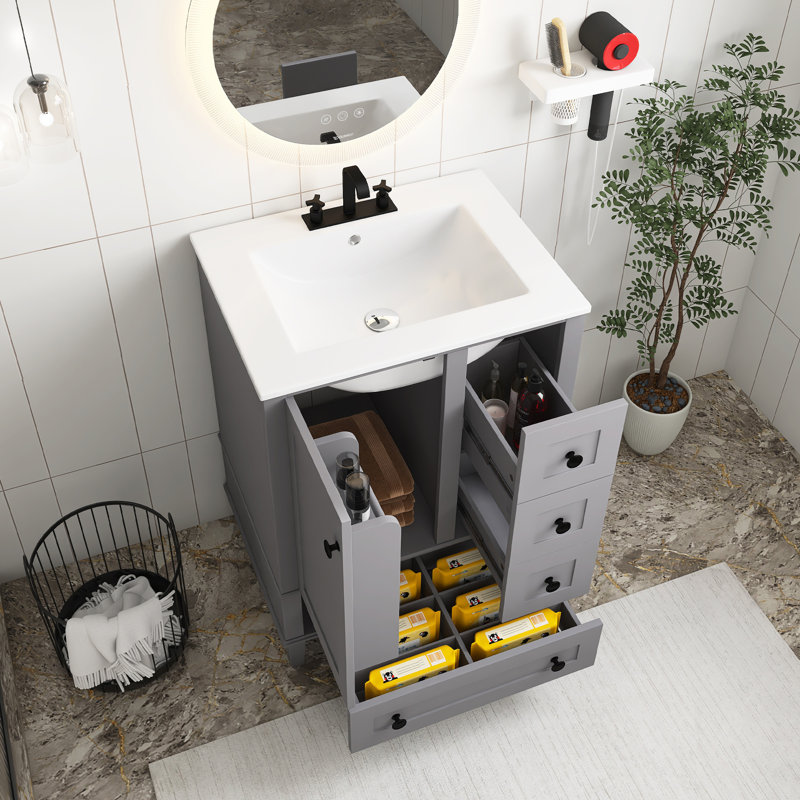 Meuble-lavabo en bois aggloméré de 24 po avec lavabo intégré en céramique, tablette à double couche, tiroirs à fermeture en douceur et porte d'armoire à fermeture en douceur, gris