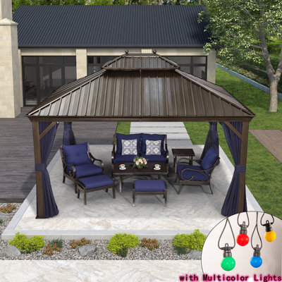 13 pi. L 10 pi. D Pavillon de jardin en aluminium avec guirlande de 48 pi