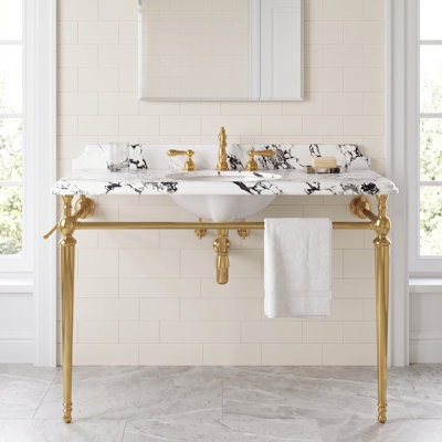 48" Panda White Artificial Marble Top Freestanding Bathroom Vanity with Gold Stainless Steel Legs & Towel Bar Easy to Assemble