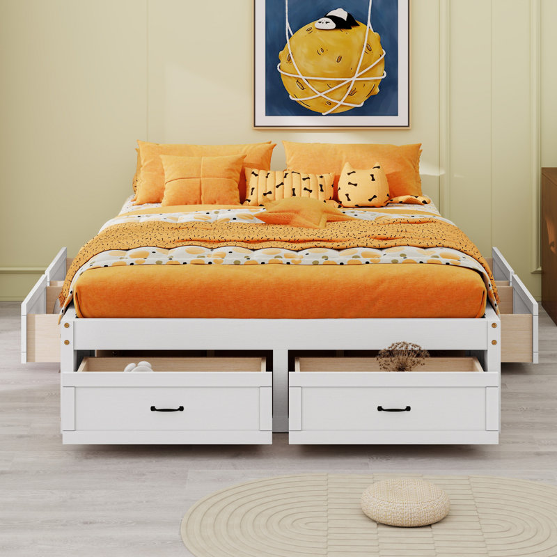 Platform Bed With Storage Drawers, Antique White, Queen
