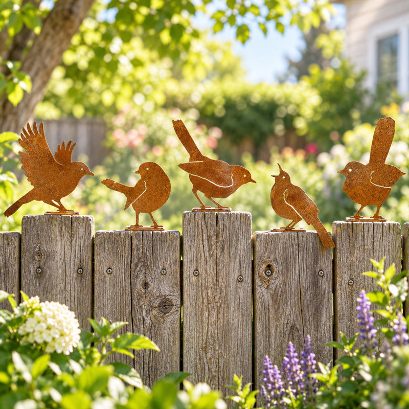 Ensemble de 5 décorations de jardin en métal rouillé avec des oiseaux, pour clôtures