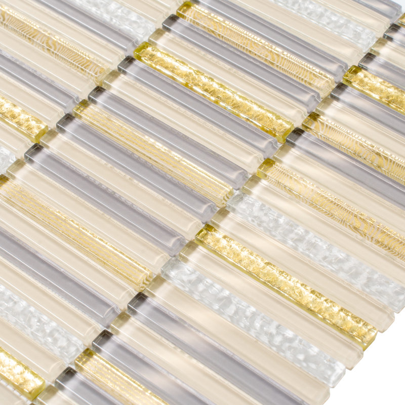 11.8" X 11.8" Glass Mosaic Tile, Beige/Gold