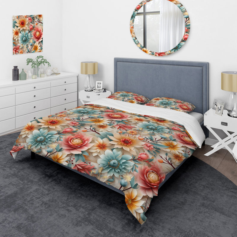 Ensemble de housse de couette à motif floral pastel éclectique, Housse de couette pour grand lit et 2 taies décor