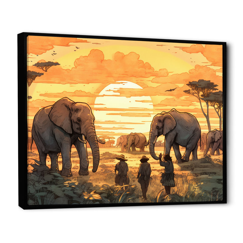 Safari africain jaune avec éléphants sur toile, H 34 po x l 44 po x P 1,5 po, Cadre flottant noir