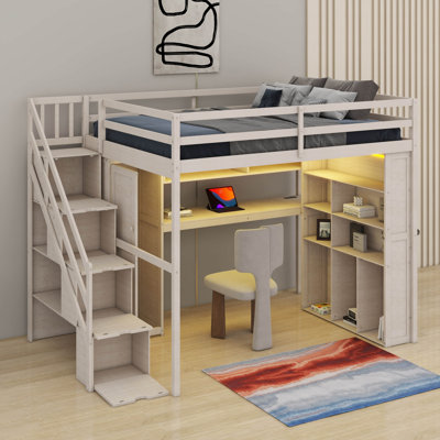 Loft Bed Frame With Built-In Wardrobe & Study Desk, Shelves & LED Lights, Space Saving Loft Bed With Charging Station