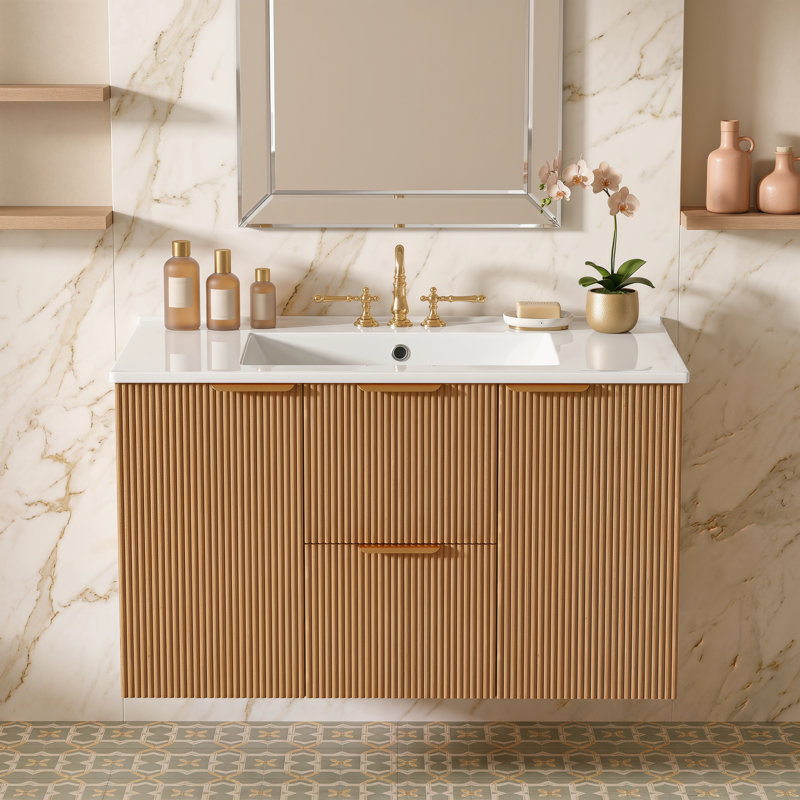 Meuble-lavabo mural simple 36 po avec comptoir en céramique, armoire en MDF, portes à fermeture en douceur et tiroirs divisés 36 po