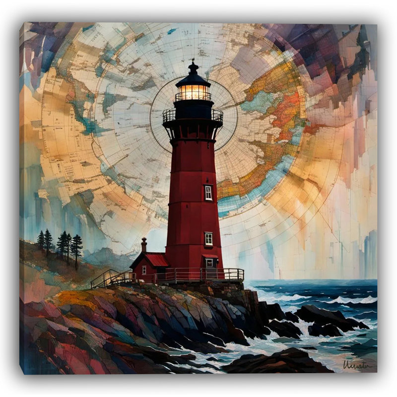 Phare intemporel - Phare rouge avec carte rétro du ciel, H 20 po x l 20 po