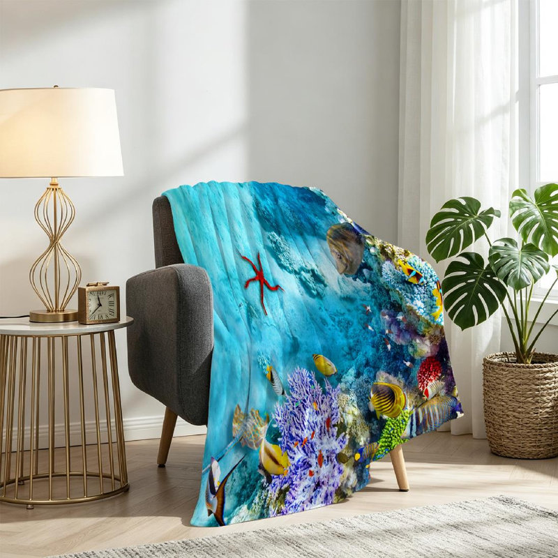 Jeté en flanelle bleue ultra douce, magnifique récif rouge sur un seul côté, Simple 60 po x 80 po