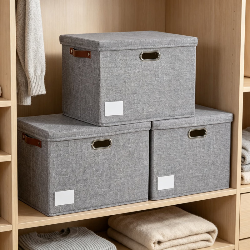 Grands bacs de rangement pliables de 17 pouces avec couvercles, lot de 3 organisateurs de garde-robe empilables en tissu avec poignées en polyuréthane et étiquettes amovibles, boîtes de rangement décoratives pour la maison, la chambre à coucher, le bureau, la chambre de bébé