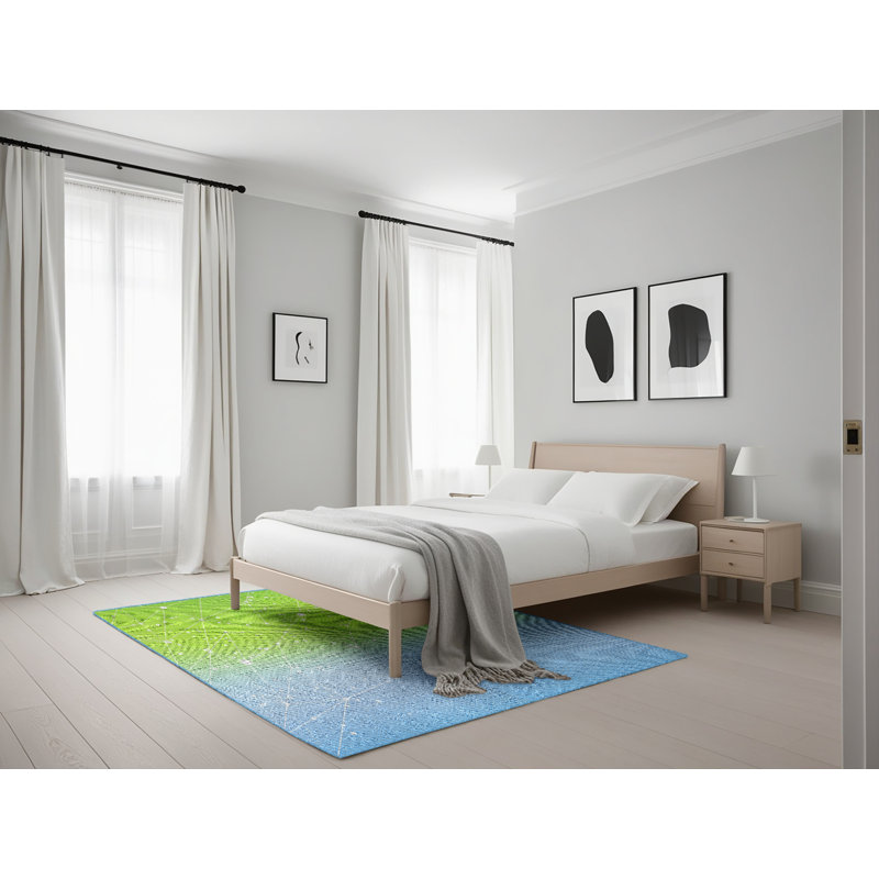 Tapis bleu/vert à motifs, Rectangle 5 pi x 7 pi