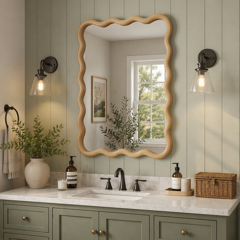 Wavy Solid Wood Frame Decorative Mirror, 20"x30", Oak