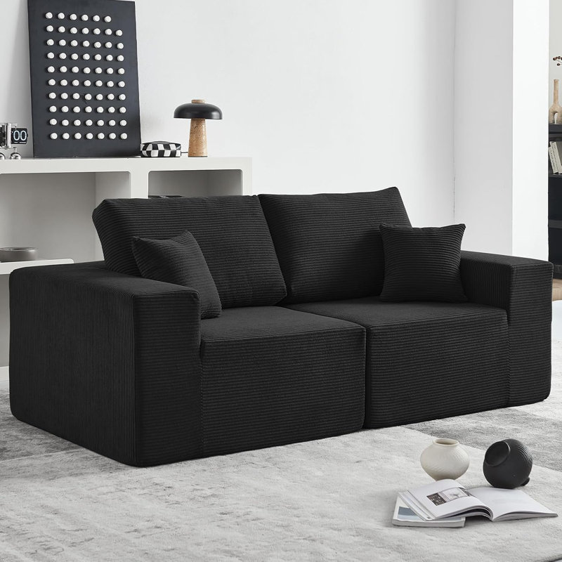 Canapé modulaire en osier 2 pièces Boneless, Velours côtelé noir