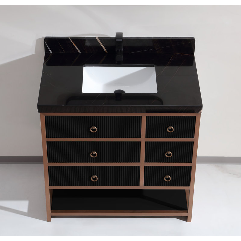 36" Vanity With Golden Brush Stainless Steel Frame And Tricorn Black Finish With 2' Thick Top, White