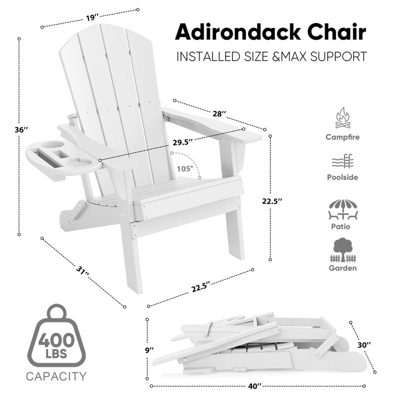 HDPE  Folding Adirondack Chair  with Cup Holder Weather-Resistant, White