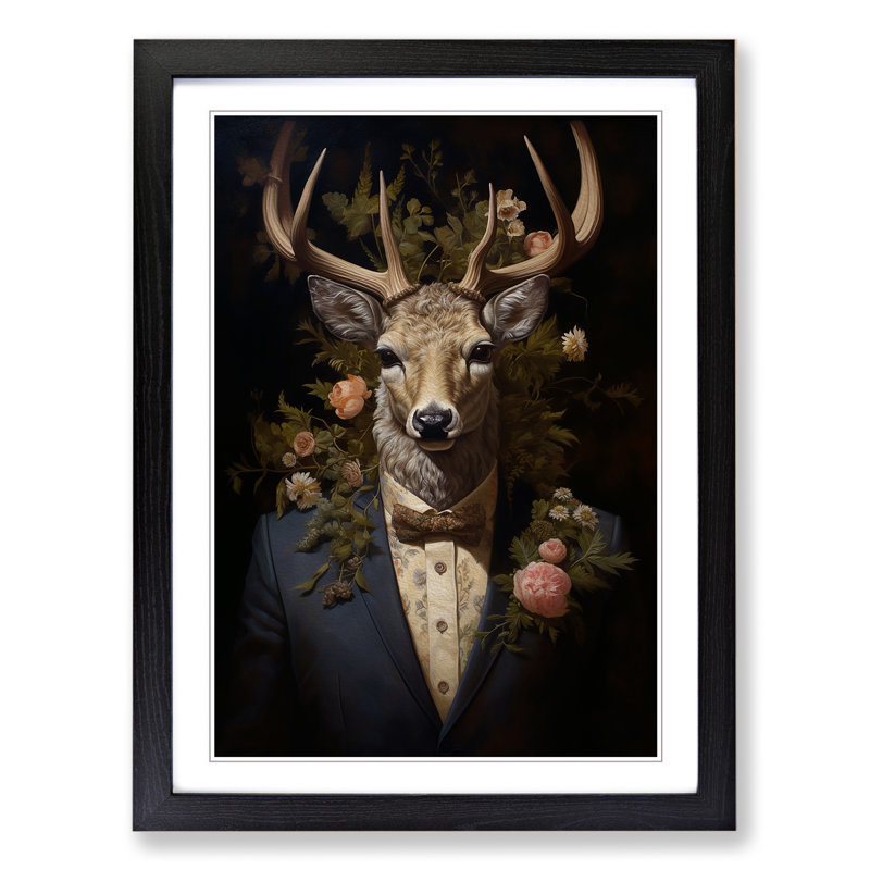 Stag Baroque No.2 - Single Picture Frame Print on Wood, Black Framed, 64cm H x 46cm W x 2cm D
