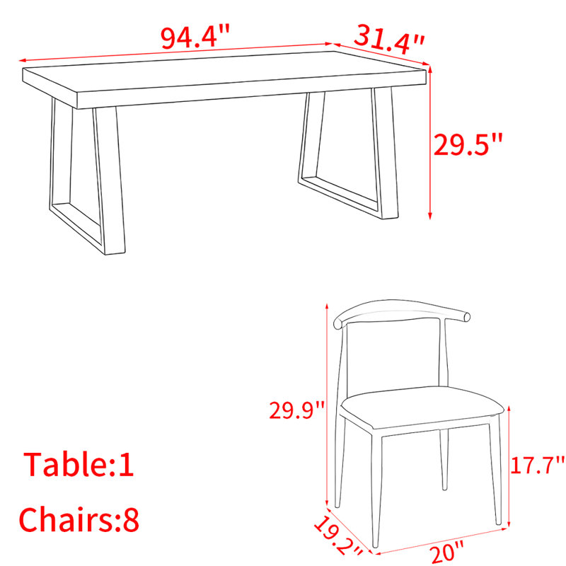 Ensemble de table de salle à manger de style nordique en fer et en bois massif, H 29,5 po x L 94,4 po x l 31,4 po