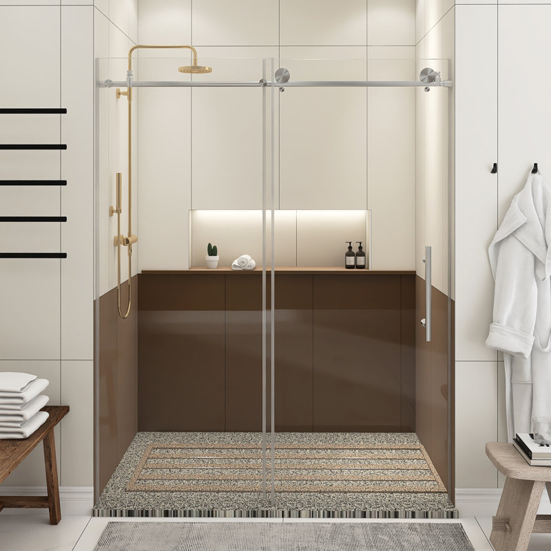 56-60.In W X 76.In H Frameless Shower Door Single Sliding,1/4 In Thick Clear Tempered Glass, Explosion Proof Film, Stainless Steel Handle,Brushed Nickel