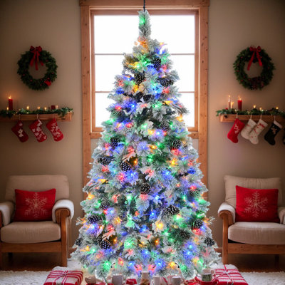 6FT Pre-Lit Flocked Christmas Tree With Pinecones, Artificial Xmas Tree With Multi-Color LED Lights