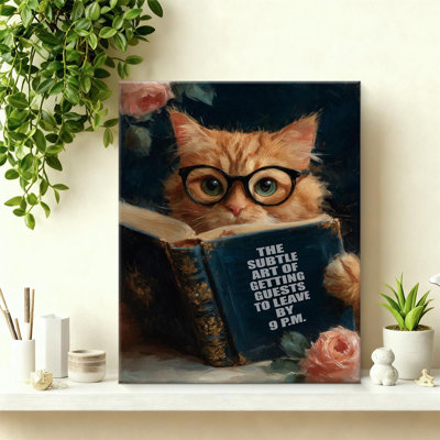 Vintage Canvas Cat Wall Art, Whimsical Reading Cat Oil Painting, Humorous Animal Artwork, The Subtle Art Of Getting Guests To Leave By 9 PM Quote Wall Decor 8X10 Inches