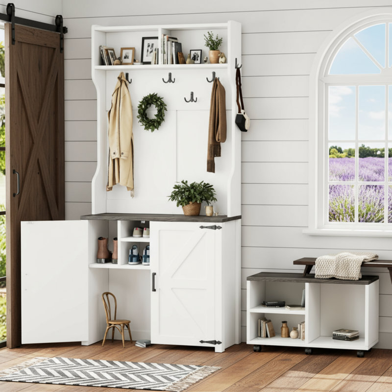 White 4 In 1 Barn Door Hall Tree With 7 Hooks, Mobile Shoe Bench, Coat Rack And 6 Brake Wheels, Suitable For Corridors And Living Rooms, Practical And Elegant