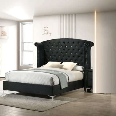1pc Glam Upholstered King Bed Button-Tufting Wing Back Headboard Button Tufted Bedroom Furniture Wood Metal Fabric Black