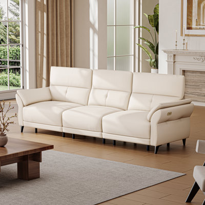 Canapé inclinable électrique en cuir pleine fleur beige avec double moteur, canapé modulaire inclinable moderne à 3 places avec console et ports USB pour le salon